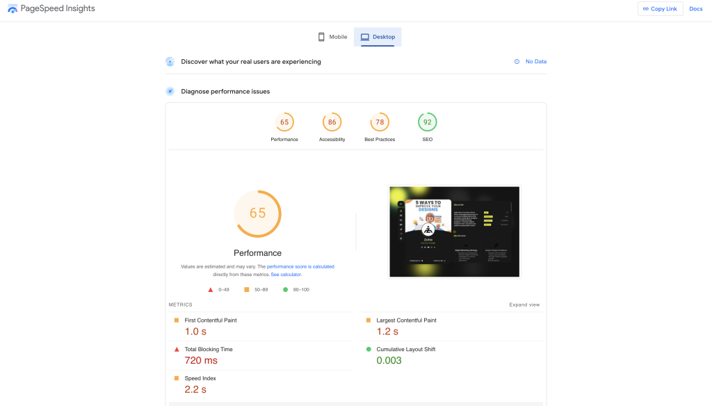 Web speed test screenshot of Zoha.pro website displaying optimized loading times and high performance.